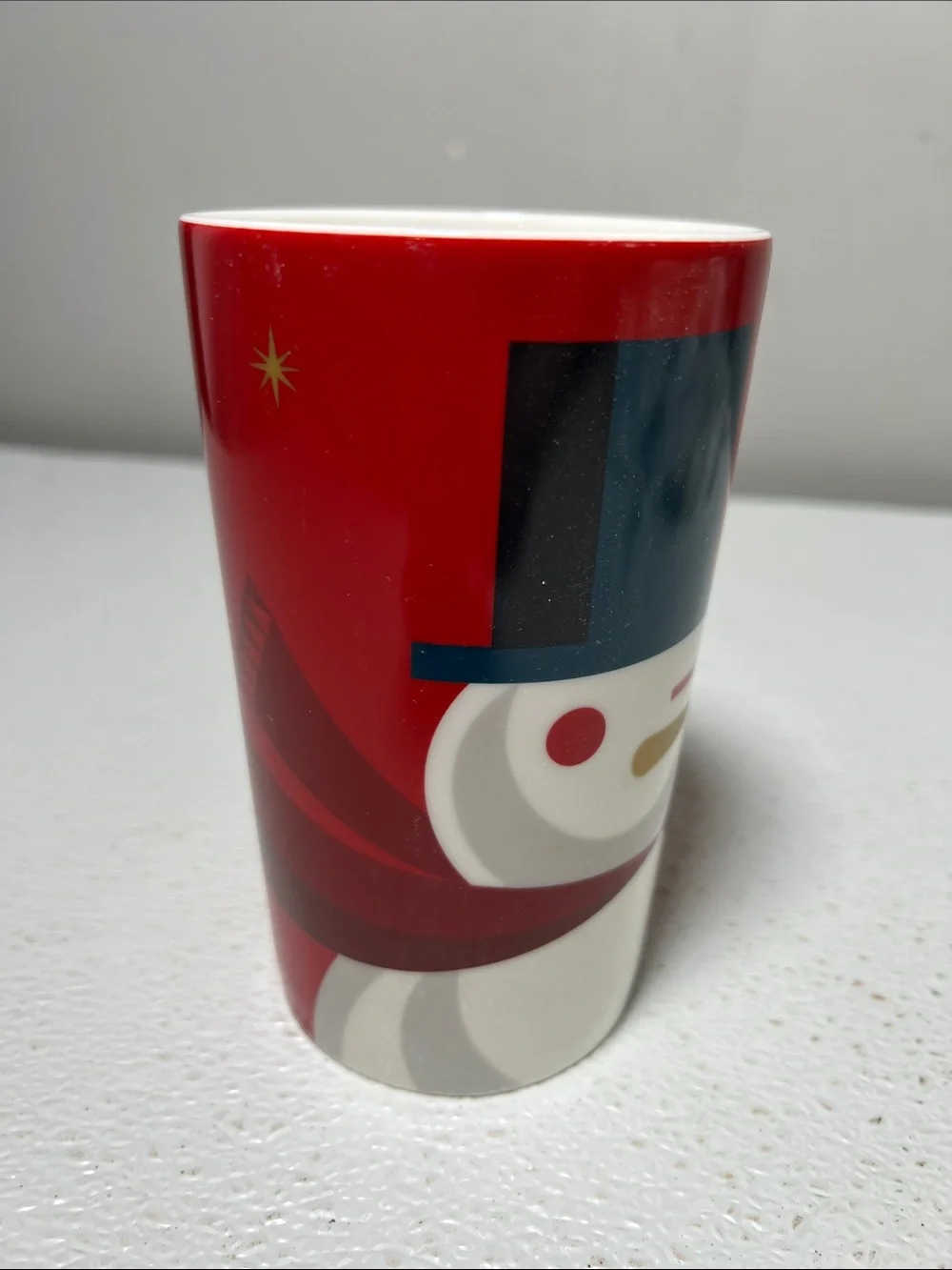 2012 Starbucks Red and White Snowman Ceramic Mug with Green Logo Set 2